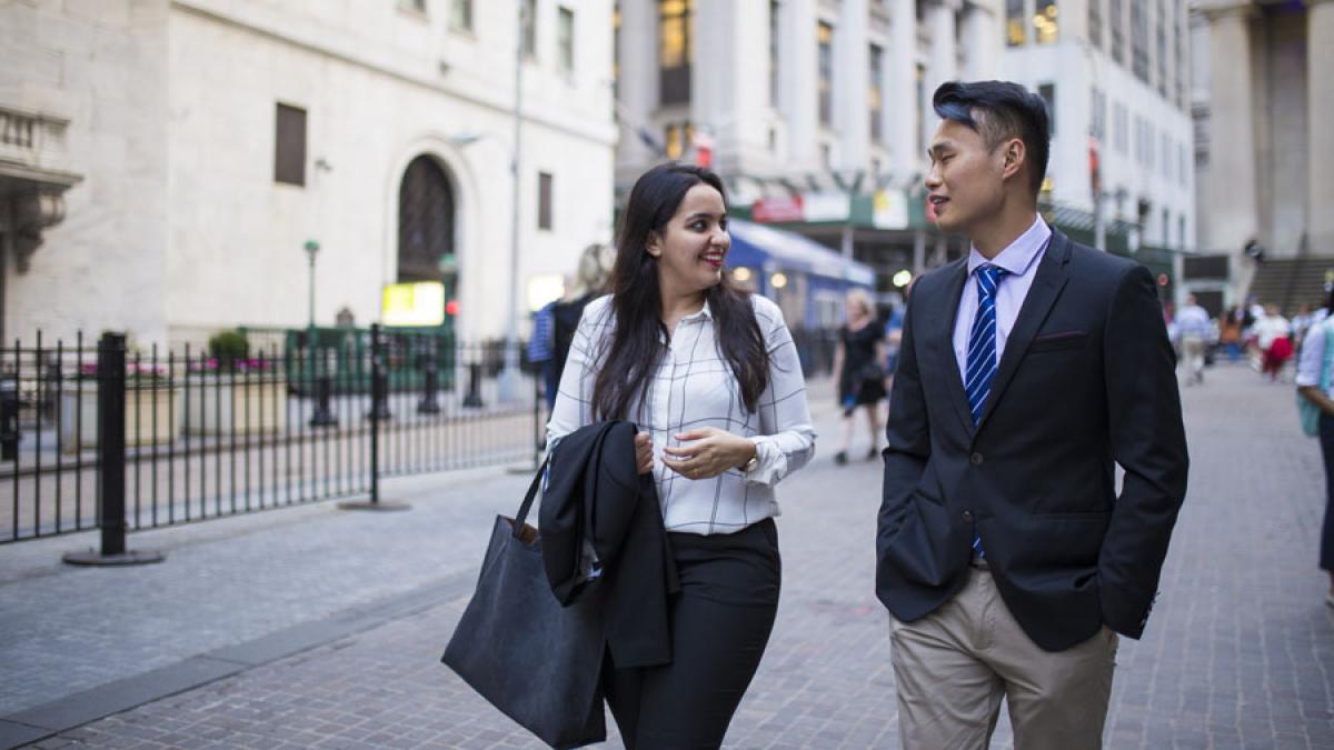 two Lubin graduate students walking in Lower Manhattan near 's New York City Campus